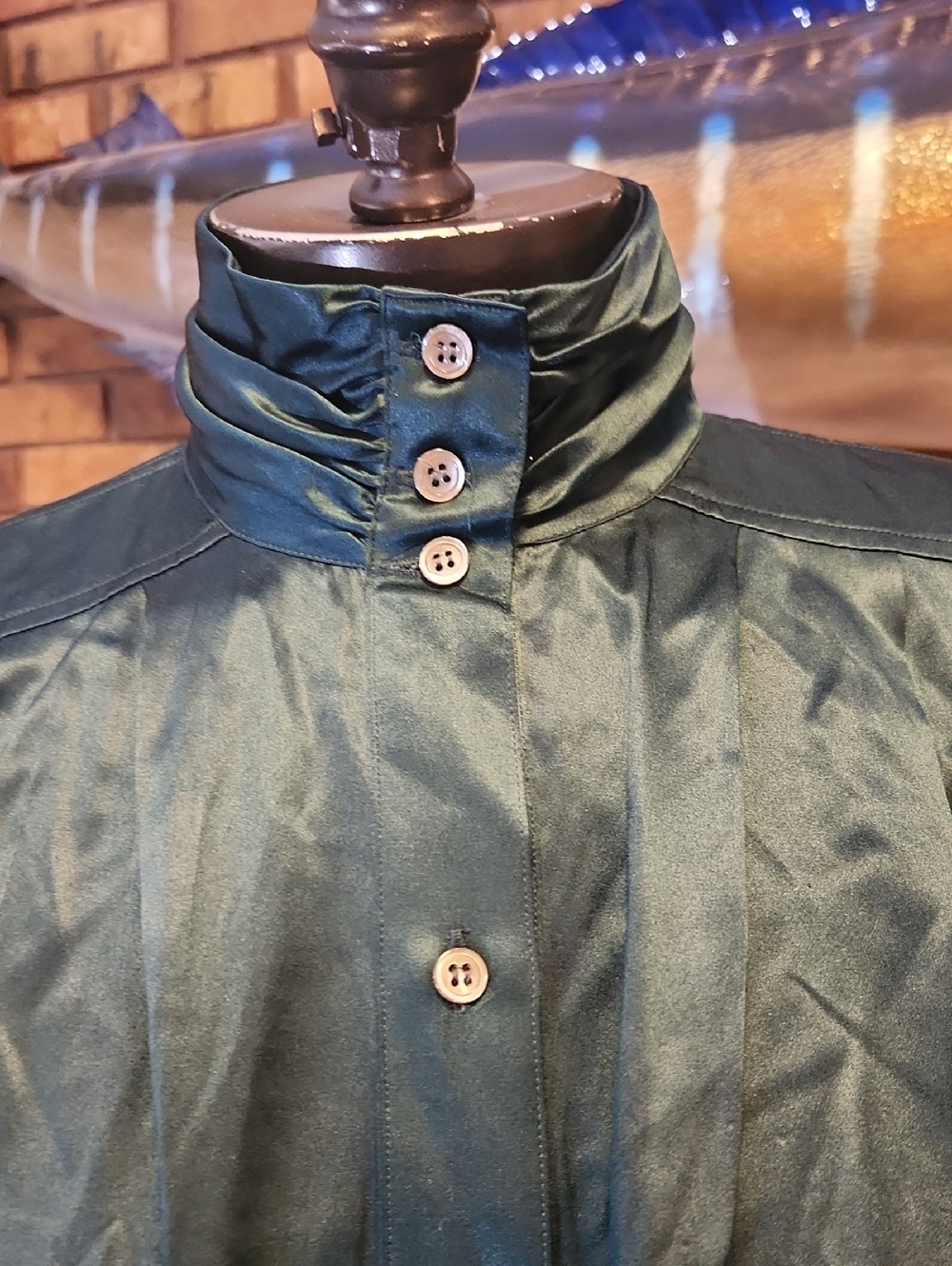 Vintage Silk Hunter Green High-Collar Button-Front Blouse Size 12 Cricketeer